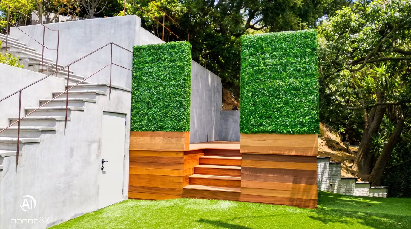 Artificial boxwood hedges for backyard privacy in Brentwood, CA