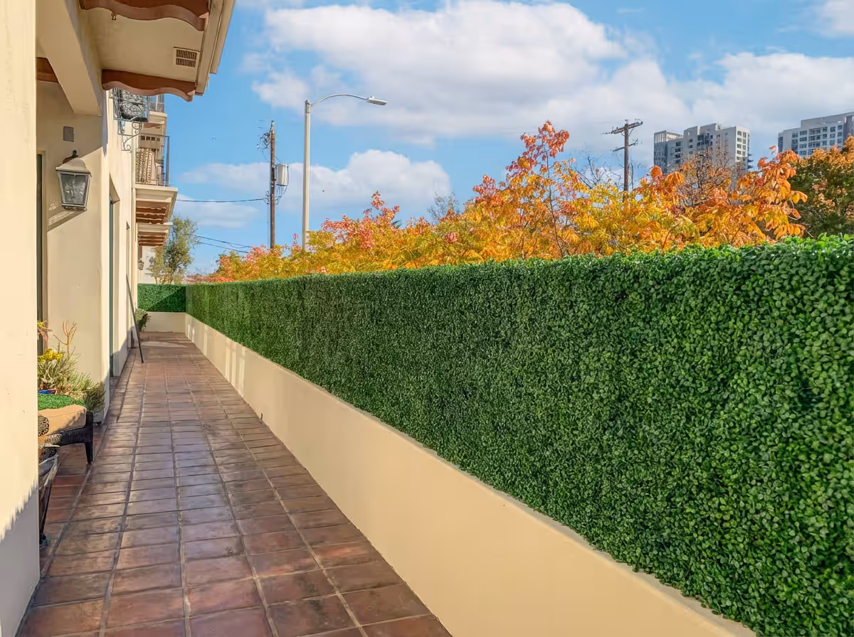 Downtown LA: artificial hedges mounted on an existing block wall for instant privacy